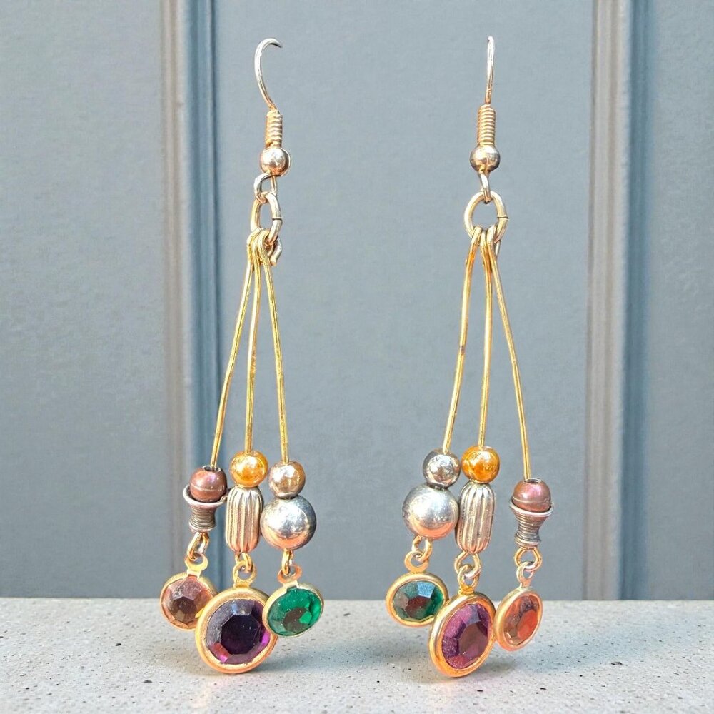 VINTAGE Gold-Tone Triple Strand Multicolor Crystal Earrings & Mixed Metal Beads - Picture 4 of 7